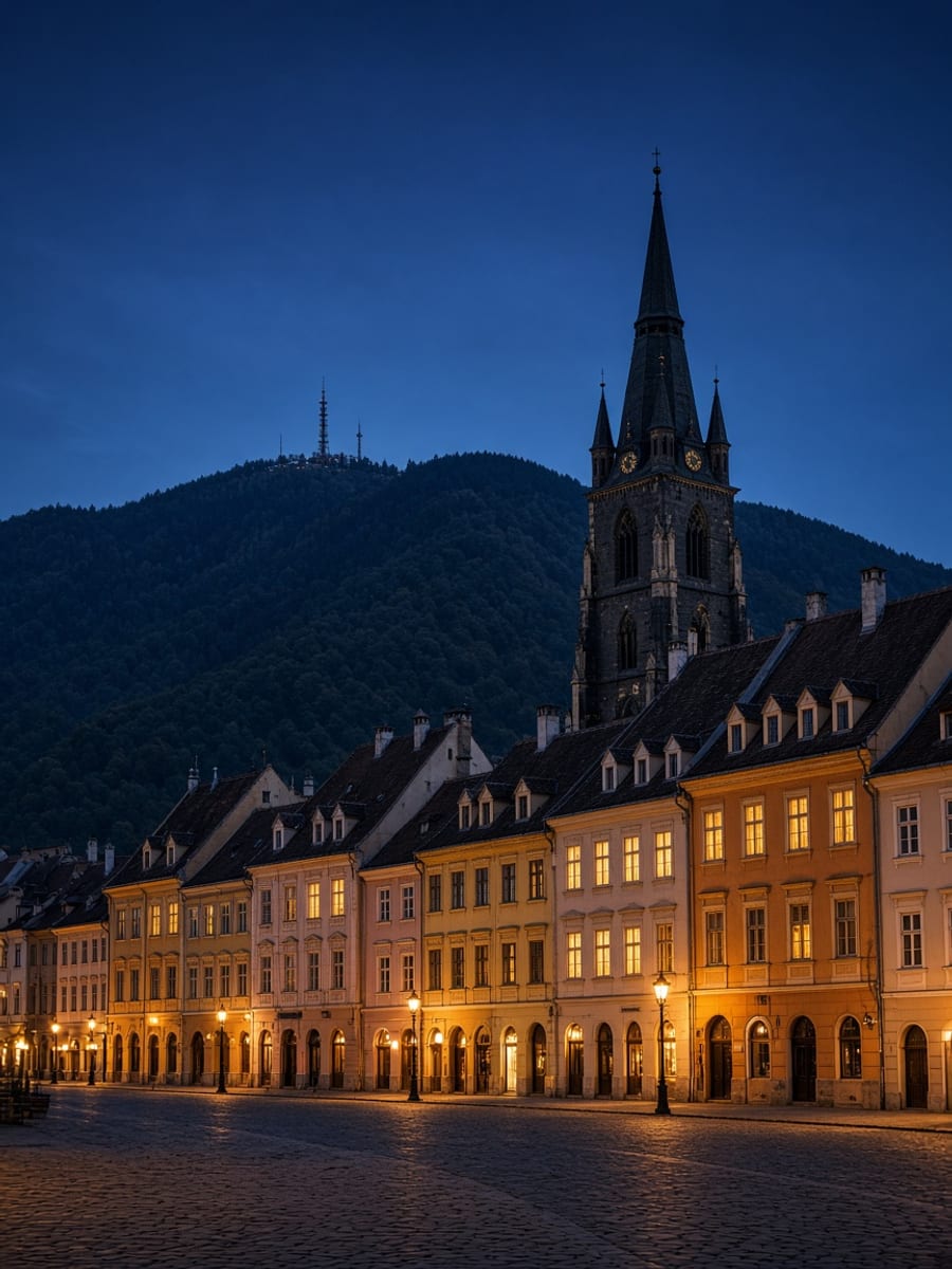 Brașov old town square in Romania at dusk